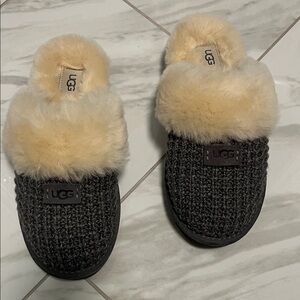 UGG Charcoal Knit Slippers with Cream Shearling Cuff